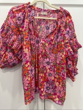 Ramy Brook Fuchsia & Orange Floral Tie-Neck Puff Sleeve Blouse